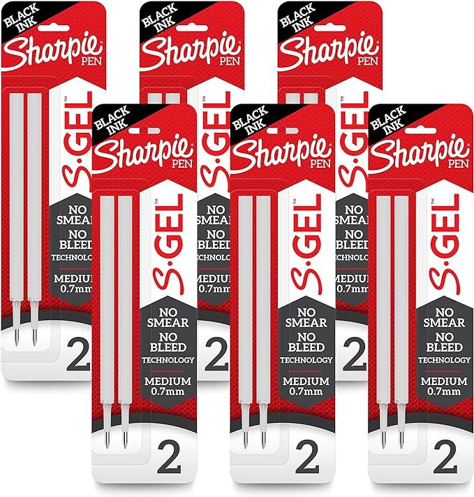 Sharpie S-Gel Refills, Black Ink Gel Pen Refills, Medium Point (0.7mm), 6 Packs of 2ct, 12 Refills Total