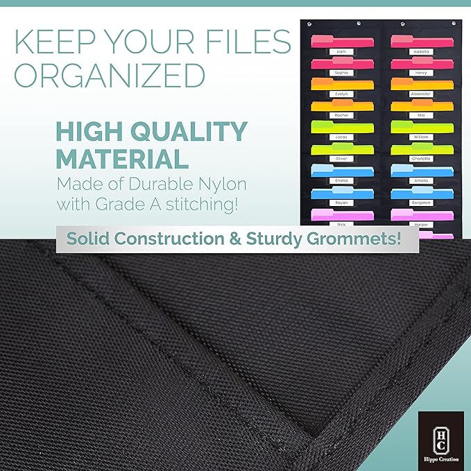 Hippo Creation Heavy Duty Storage Pocket Chart for Classroom, 20 Pocket Storage Organizer with 4 Over-Door Hangers, Hanging Wall Organizer for File Folders, School Mailbox, Home Office Papers - Black