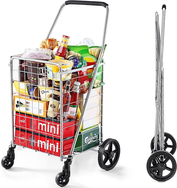Wellmax WM99024S Grocery Utility Shopping Cart, Easily Collapsible and Portable to Save Space and Heavy Duty, Light Weight Trolley with Rolling Swivel Wheels