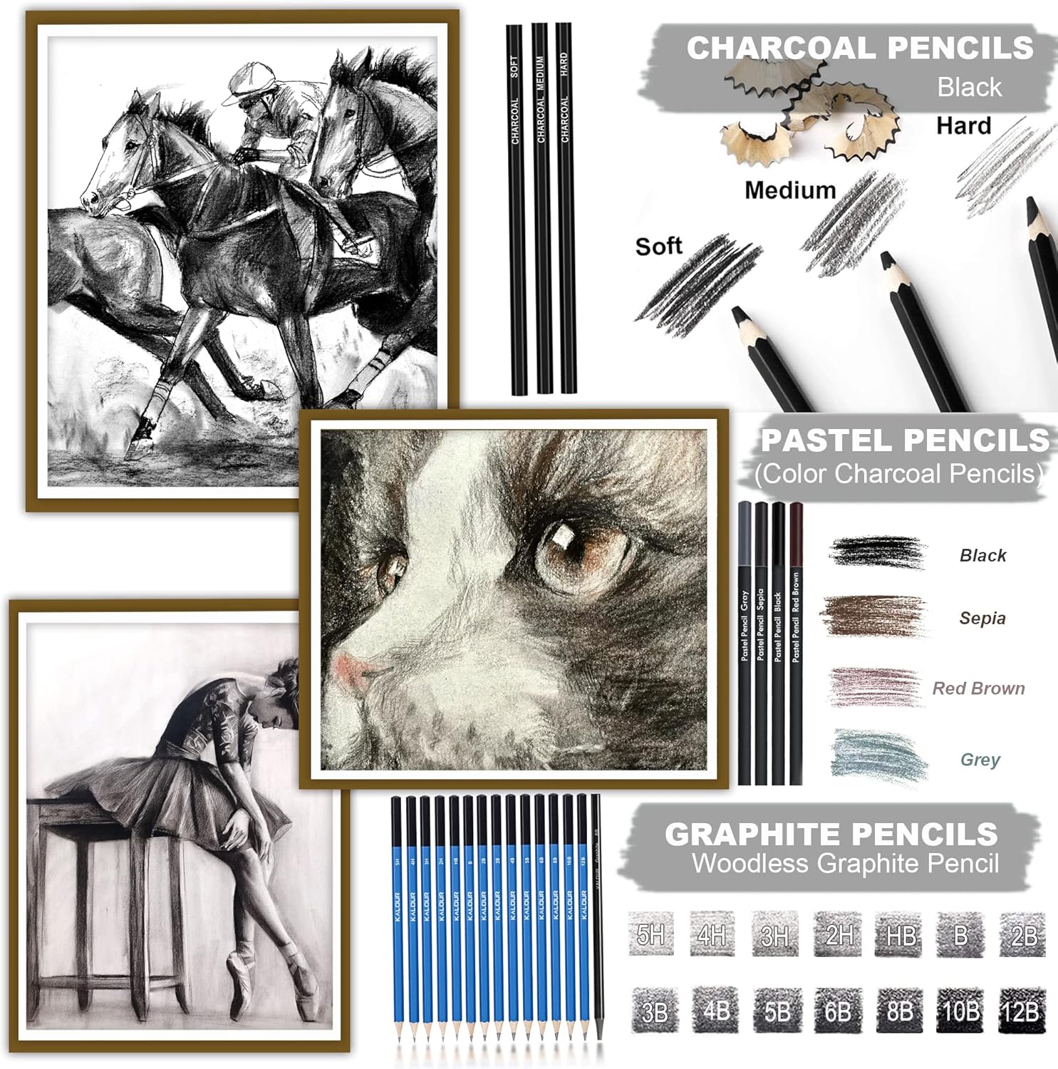 KALOUR 82 Pack Drawing Sketching Kit, Pro Art Supplies with Sketchbook, Include Tutorial,Colored, Graphite, Charcoal, Watercolor,Metallic & Pastel Pencils, Drawing Set for Adults Teens Beginner