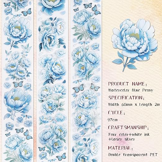 PET Tape Stickers for Journaling - Blue Flower Junk Journal Supplies Scrapbooking Tapes, Aesthetic Peony Flower Bullet Scrapbook Journal Stickers Tape, Decorative Tapes for Art Crafts