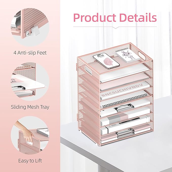 DALTACK 9-Tier Paper Letter Tray Desk Organizer with Handles, Mesh File Holder Organization, Paper Sorter Desk Organizer for Office Home School, Pink 2 Pack