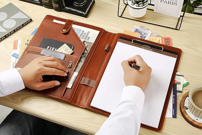 Personalized Leather Portfolio, Engraved Portfolio for Men Leather Clipboard Portfolio Binder, Custom Padfolio Leather Legal Pad Portfolio, Christmas Gift for His/Her (Clipboard, Brown-Standard)