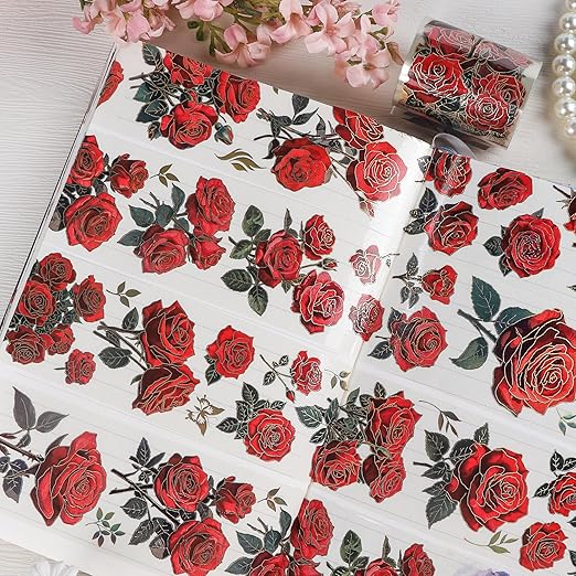 Rose Flower Scrapbook Supplies - Vintage Red Flower Junk Journal Supplies, Floral Srapbooking Tapes Art Crafts Decorative