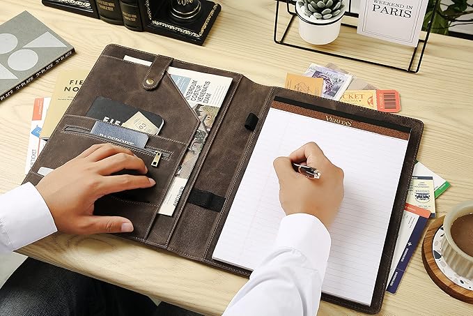 Personalized Leather Portfolio for Men, Engraved Leather Clipboard Portfolio Binder, Custom Leather Resume Padfolio for Women, Christmas Gift for His/Her (Notepad, Grey-Custom)