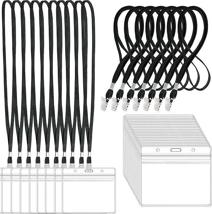 100Pcs Clear Plastic Horizontal Name Tags Badge ID Card Holders and 100Pcs Black Lanyards with Clip lanyards for id Badges (Black)