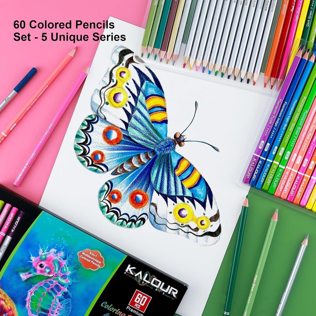 KALOUR 60 Art Drawing Set, Multi-Technique Colored Pencils with Oil-Based, Metallic, Watercolor, Neon, Macaron Pastels.for Artists, Adults.Art Supplies for Sketching, Coloring & DIY Crafts