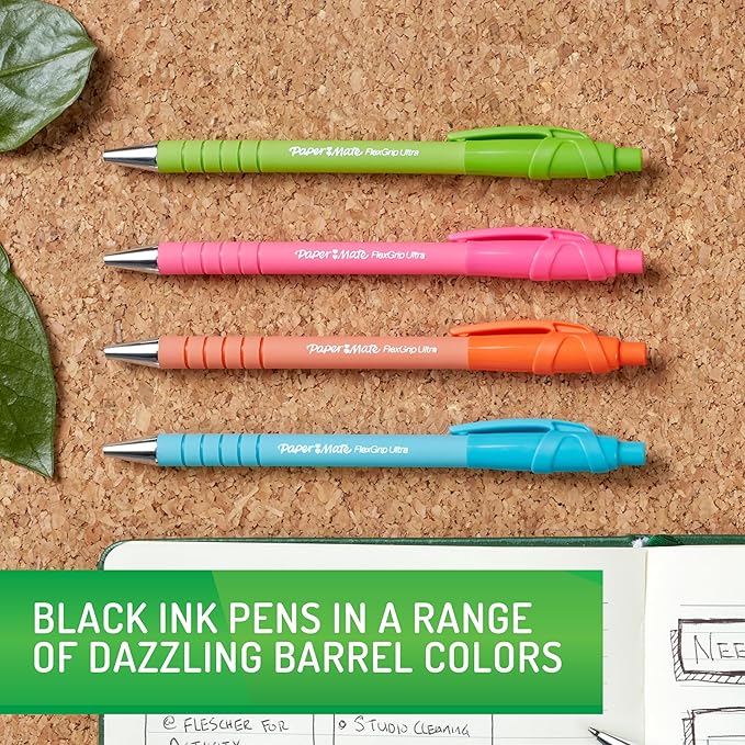 Paper Mate FlexGrip Ultra Ballpoint Pens, Made from Recycled Plastic Materials, Assorted Barrel Colors, Medium Point (1.0mm), Black, 4 Count