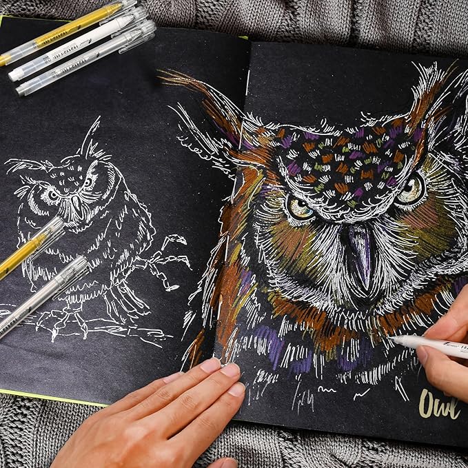 0.8mm Extra Fine Point 6 Pack Gel Pen Set White,Gold and Silver Gel Ink Pens for Artists,White Gel Pen,White Ink Pen,White Pens for Black Paper,White Pen for Artists Drawing