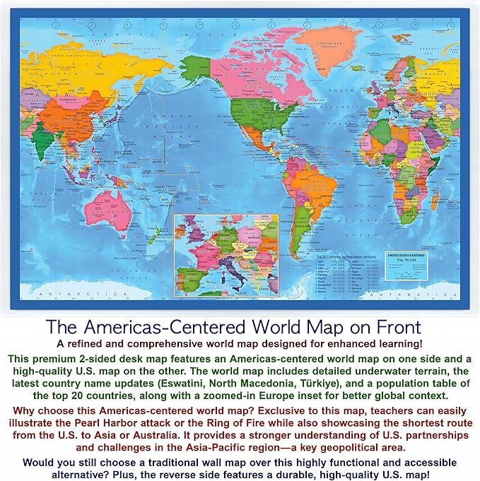 2-Sided Desk Map with Durable Lamination (2 Desk Maps: US Map/US Centered World Map)