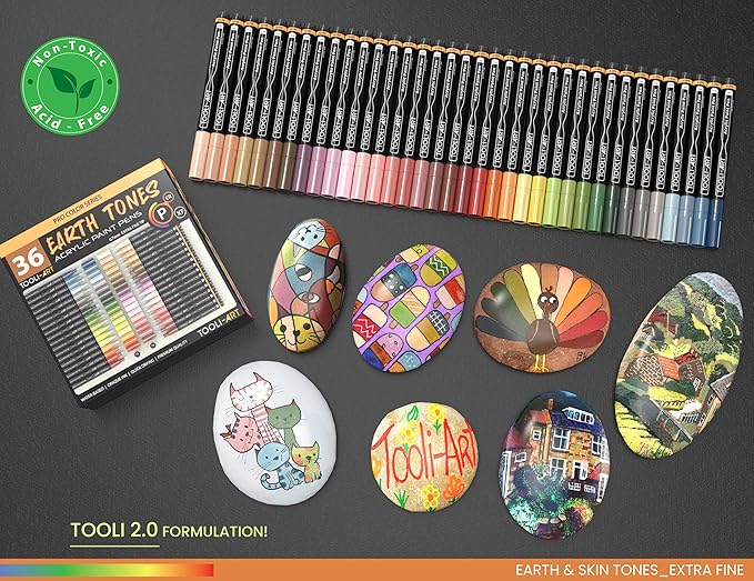 36 Acrylic Paint Pens Skin and Natural Earth Tone Marker Set For Rock Painting, Canvas, Mugs, Glass, Plastic, Wood, Metal, Fabric, Scrapbooking, Most Surfaces. Quick Drying Waterbased (EXTRA FINE)
