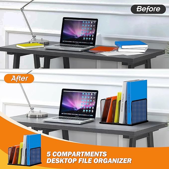 Kuntine.B Desk File Organizer 5 Sections Upright Mesh Desktop Organizer File Sorter Office Organization File Holder for Home, Office & Classroom
