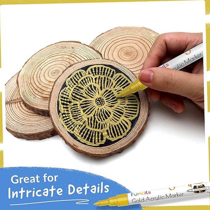 5 Acrylic Gold Paint Pen Metallic - Gold Marker Metallic Paint for Wood, Fabric, Canvas, Leaf, Tire, Metal, Glass - Permanent Pen Fine Tip, Thin Point & Jumbo (1mm, 3mm, 6mm, 10mm, 15mm)