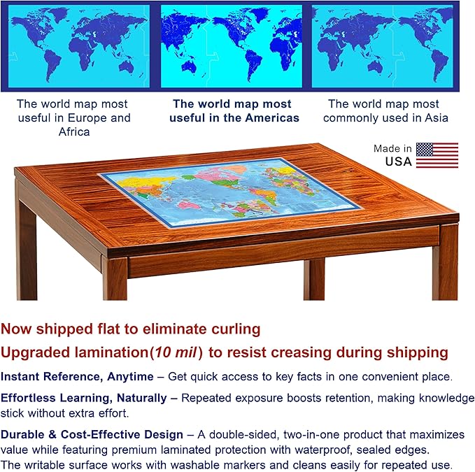 2-Sided Desk Map with Durable Lamination (2 Pack: US/US Centered World; Children's US/US Centered World)