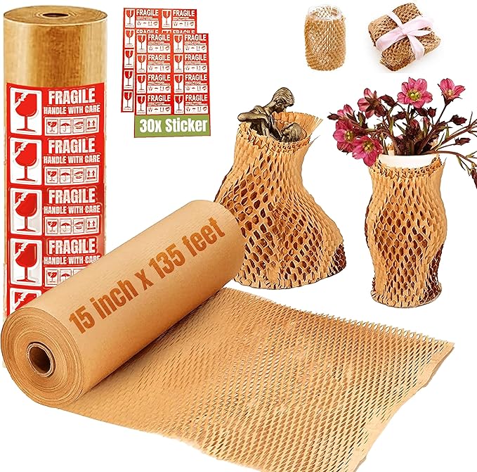 Honeycomb Packing Paper 15 Inch x 135 Feet with 30 Fragile Stickers – Eco-Friendly Honeycomb Wrap for Packing Fragile Items – Recyclable Protective Wrapping Roll for Moving, Shipping, & Storage