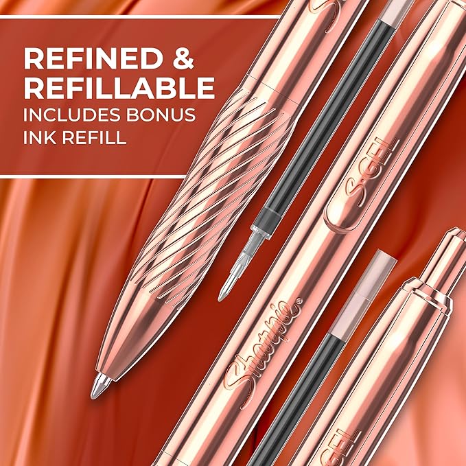 Sharpie S-Gel, Gel Pen, Copper Metal Body, Medium Point (0.7mm), Black Ink, Includes 1 Pen and 1 Additional Ink Refill