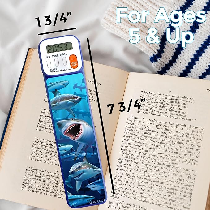 Mark-My-Time - Digital Bookmark - Mark My Time Reading Timer and Bookmark for Kids, Cool Bookmarks and Reading Incentives, Christmas Gift & Stocking Stuffer for Book Lovers - 3D Shark