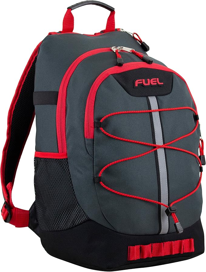 FUEL Hiking Backpack for Women Men Terra Sport, Travel, College, Gym, Work with Laptop Sleeve, Bungee, 18 Inches, Black Red Graphite