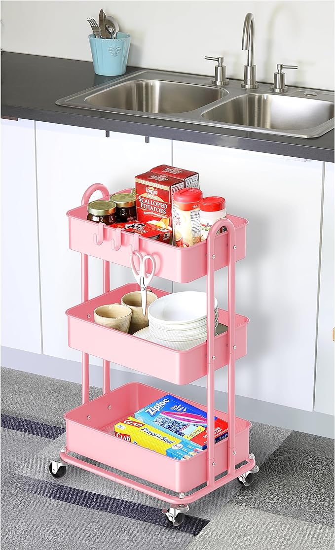 Simple Houseware Heavy Duty 3-Tier Metal Utility Rolling Cart, Pink