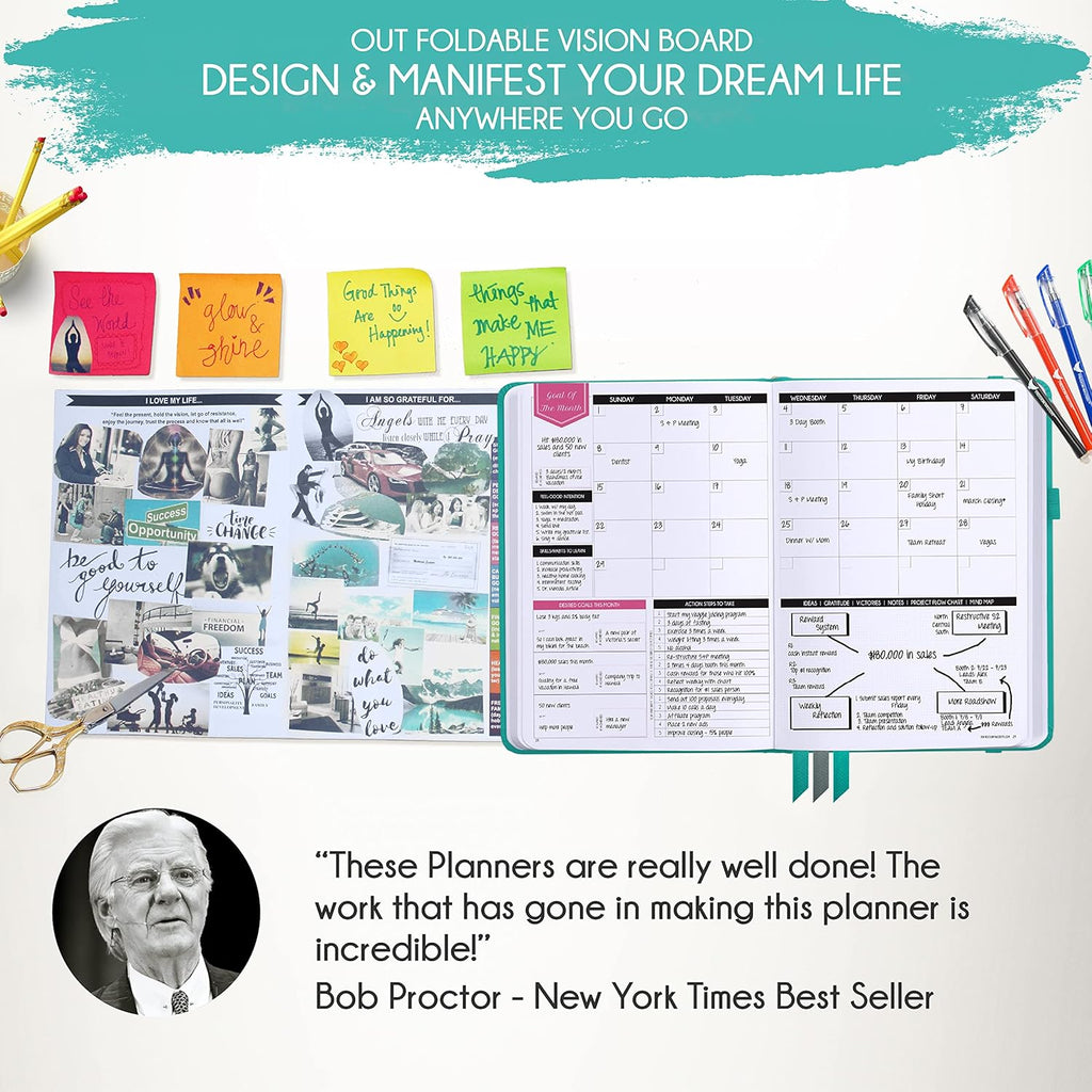 Hourly Planner – Undated Weekly & Monthly Goal Setting Planner, 12-Month to Increase Productivity | Life & Gratitude Journal, Include Foldable Vision Board, Gift Box & Stickers