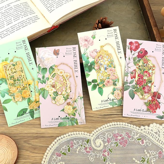 Aromoty 4 Pieces Metal Bookmarks with Pendant, Unique Cute Flower Butterfly Garden Themd Aesthetic Hollow Book Markers, Christmas Gifts for Women Reading Girls Teacher Readers Book Lover Accessories