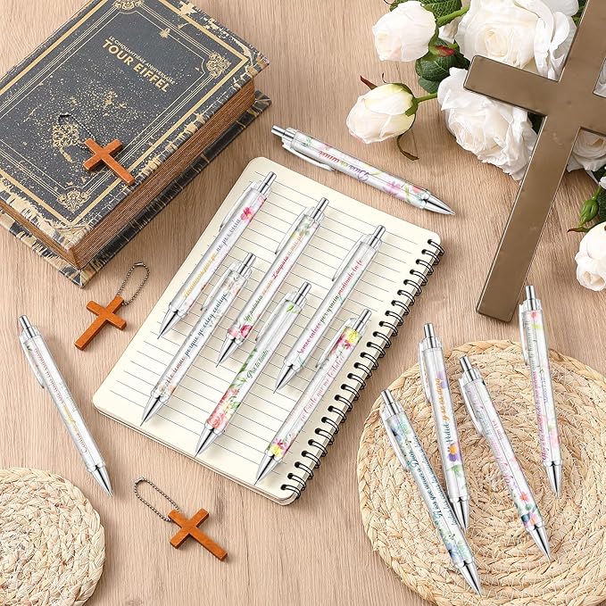 24 Pcs Spanish Christian Pens Regalos Cristianos En Español Bible Verse Ballpoint Pens with Inspirational Quote Spanish Christian Gifts for Religious Church Office School(Flower)