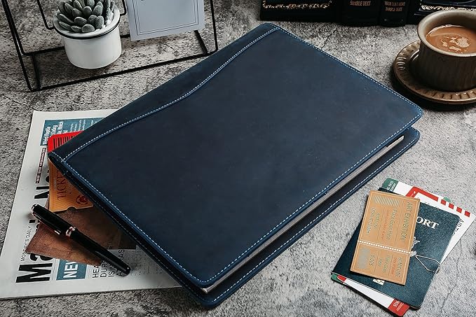 Personalized Leather Portfolio for Men, Engraved Leather Clipboard Portfolio Binder, Custom Leather Resume Padfolio for Women, Christmas Gift for His/Her (Notepad, Blue-Custom)