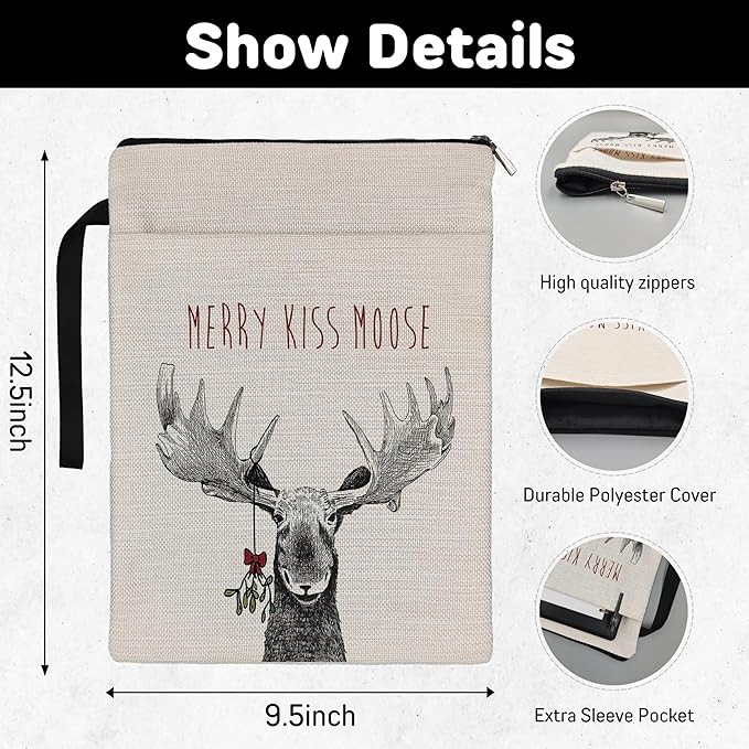 Christmas Book Sleeve,Merry Kiss Moose Christmas Xmas Book Sleeve Book Covers Book Protector Pouch with Zipper,Book Sleeve Gifts for Book Lovers Readers,Book Cover for Paperback 9.4x12.1 Inch