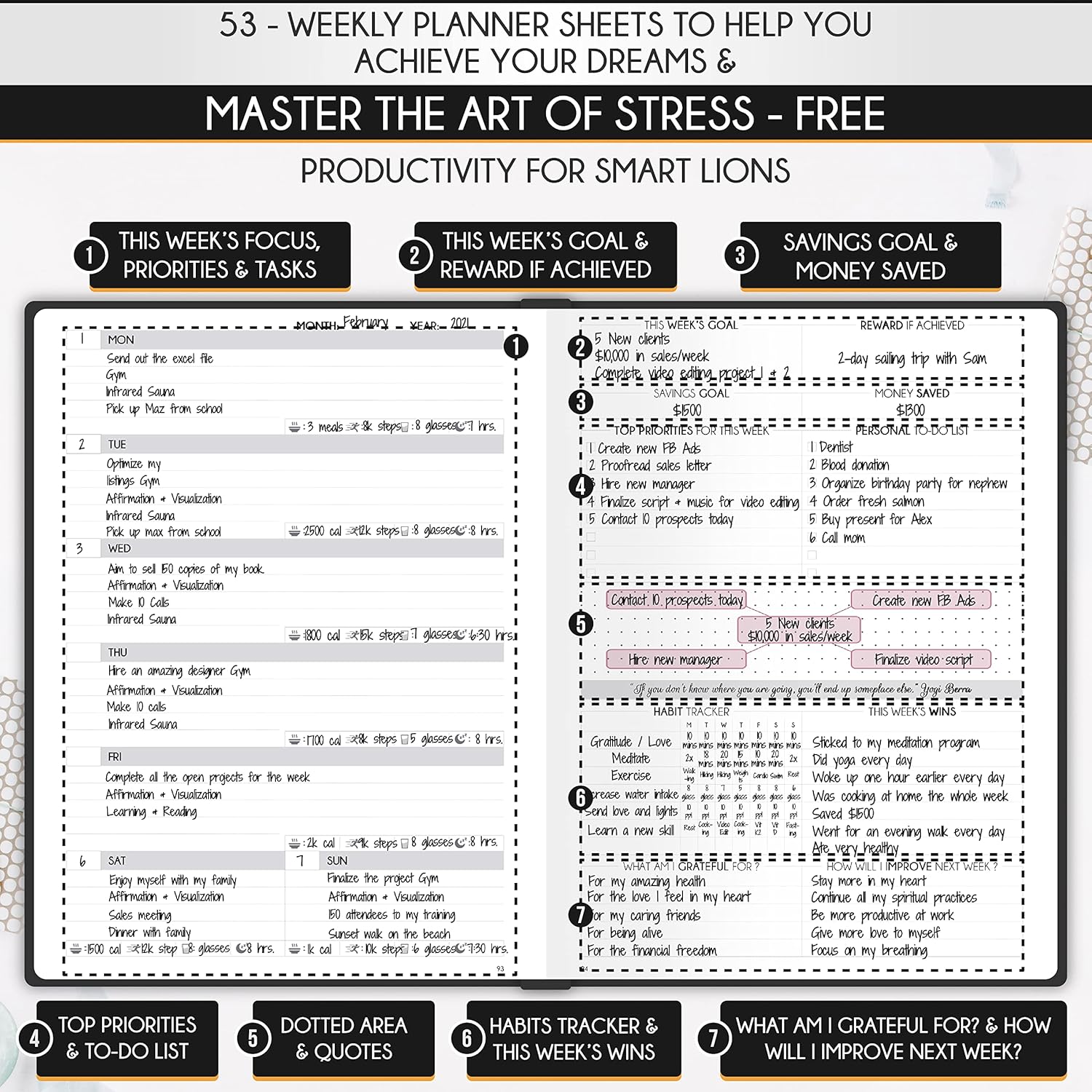 Life Planner - Gratitude Journal for Men & Women | Daily, Weekly & Monthly Planner with Budget Section, Time Blocking, Habit Tracker for Peace of Mind Planning to Increase Productivity & Happiness