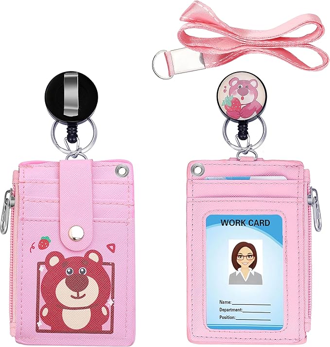 Cute ID Badge Holder Retractable Lanyard Reel Clip with Heavy Duty Carabiner, 5 Card Slots in 2 Sided with Key Ring and Zipper for Students Teens Boys Girls Office Staff Women (Red Bear)