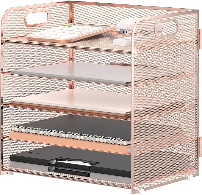 Supeasy 5 Trays Paper Organizer Letter Tray with Handle-Mesh Desk File Organizer, Paper Sorter Desk Organizer for Office, Home or School (Rose Gold)