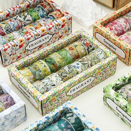 18 Rolls Blossom Washi Tape Set Floral Arts Adhesive Tapes Flowers Garden Decorative Masking Tape Set for Craft, Kids, Scrapbook, DIY, Gift Wrapping (Pastel Charm)