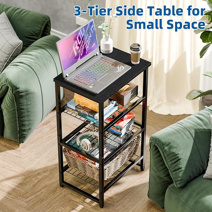 Printer Stand Holder 4 Tier - Heavy Duty Metal Shelving Unit for Printer Shelf Office Organizer, Industrial Printer Side Table with Wood Desk for Scanner Fax Machine, Black