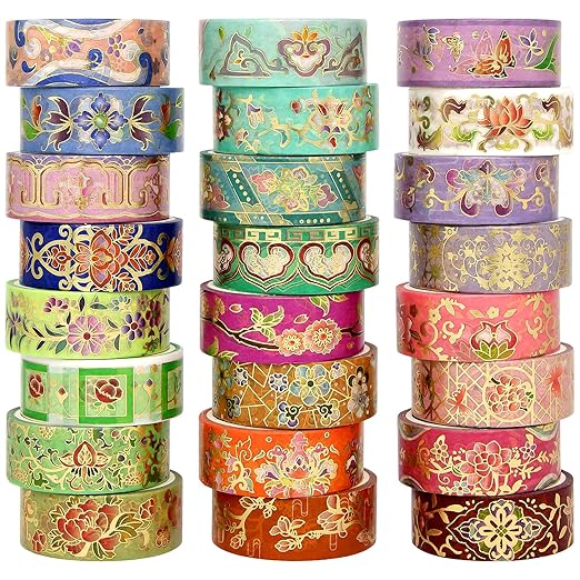 24 Rolls Washi Tape Set, Gold Foil Floral Decorative Tape for Scrapbooking, Bullet Journaling, Planner, DIY Crafts, Christmas - Floral Feast