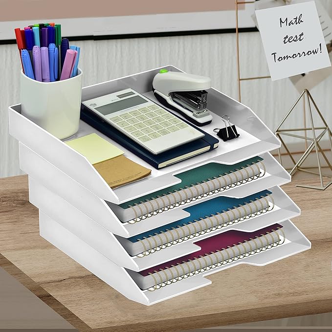 Acrimet Stackable Letter Tray 4 Tier Side Load, Plastic, Desktop File Organizer (White Color)