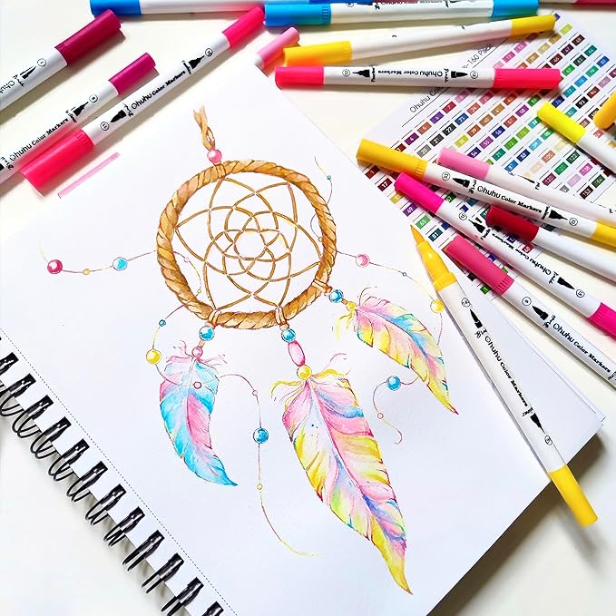 Ohuhu Markers for Adult Coloring Books No Bleeding 100 Colors Coloring Markers Water-based Dual Tips Fineliner & Brush Drawing Pens Art Markers for Kids Adults Sketch Journal - Maui - White