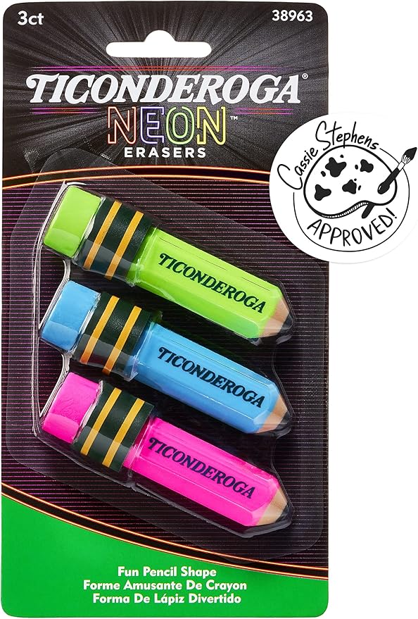 Ticonderoga Pencil Shaped Erasers, Neon Colors, 3 Count