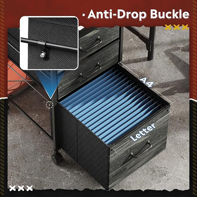 DEVAISE Mobile File Cabinet, Rolling Printer Stand with 3 Drawers, Fabric Vertical Filing Cabinet fits A4 or Letter Size for Home Office, Charcoal Black Wood Grain Print