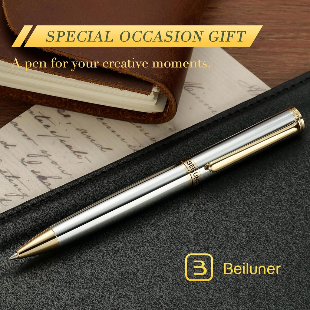 BEILUNER Silver Gold Gel Pen - Luxury Featuring sophisticated chrome finishes, with 24K Gold Accents, Best Pen Gift Set for Men & Women, Business Signature, Executive, Office Retractable Pens