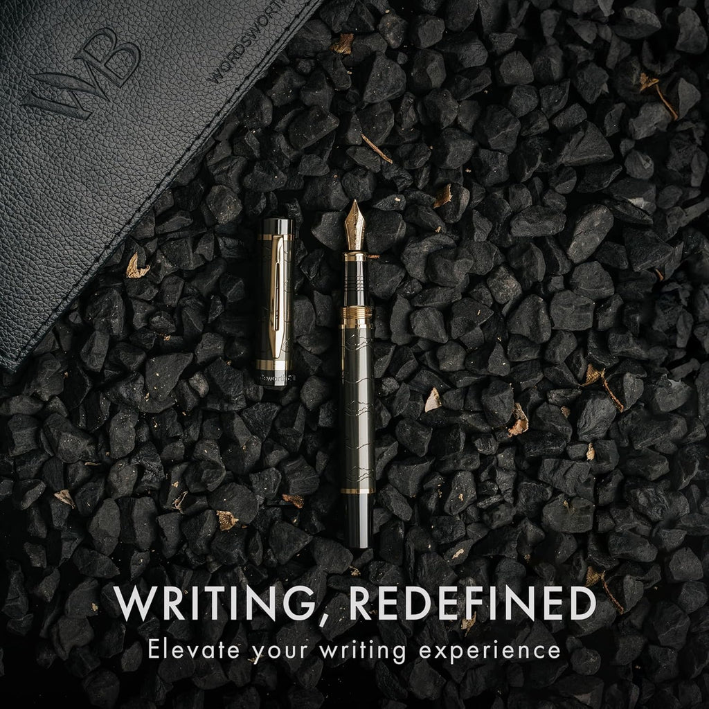 Wordsworth & Black Primori Fountain Pen Set [Gunmetal Gold]; Medium Nib, Gift Case, 24 Ink Cartridges, Refill Converter, Manual; Journaling, Calligraphy, Smooth Writing Pens; Left and Right Handed