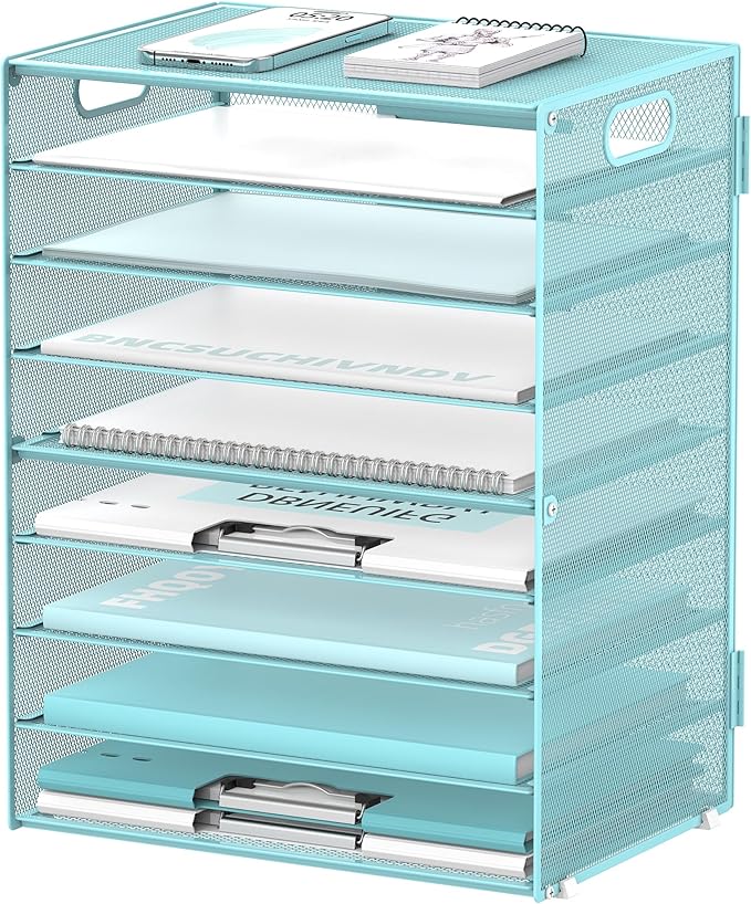 DALTACK 9-Tier Paper Letter Tray Desk Organizer with Handles, Mesh File Holder Organization, Paper Sorter Desk Organizer for Office Home School, Blue