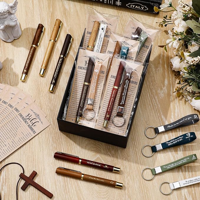 25 Sets Christmas Christian Church Gifts Bulk Bible Verse Plastic Gel Pen Religious Silicone Keychains Scripture Bookmark 2''x 6'' Emergency Numbers Bible Bookmarks Gift Pastor (Wood Color)