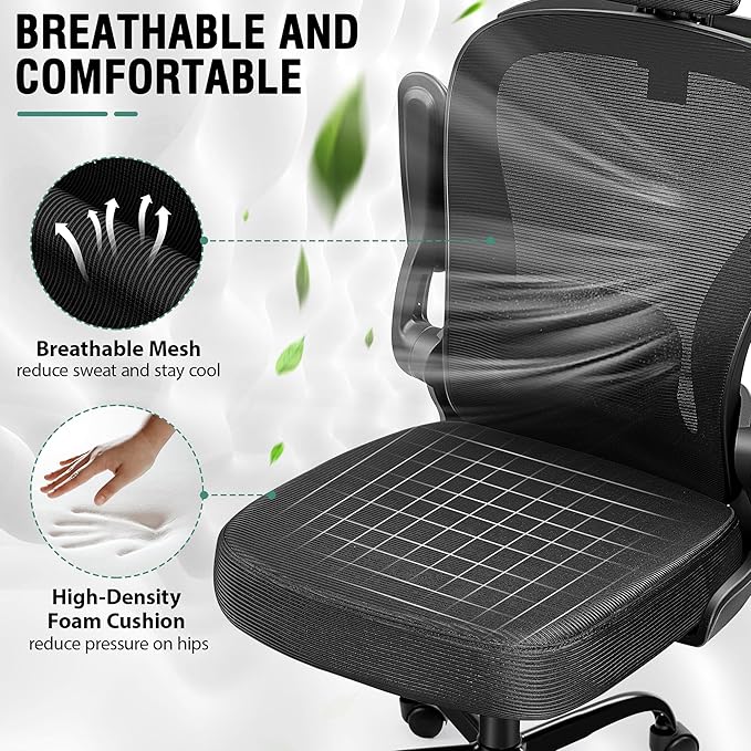 Office Chair, Ergonomic Office Chair with 3D Lumbar Support 3D Headrest, Comfy High Back Home Desk Chairs, Breathable Mesh Computer Chairs with Flip-Up Armrests & Hanger(Black)