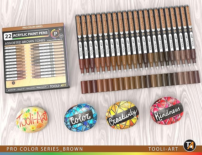 Acrylic Paint Pens 22 Brown Tones Assorted Pro Color Series Markers Set 0.7mm Extra Fine Tip for Rock Painting, Glass, Mugs, Wood, Metal, Canvas, Projects, Non Toxic, Waterbased, Quick Drying