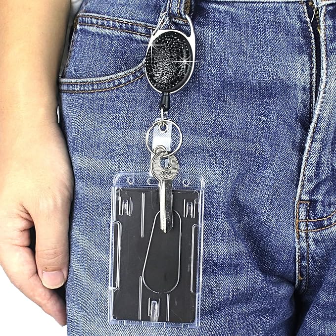 VIQWYIC Retractable ID Badge Holder with Clip, ID Name Badge Reels with Bling Rhinestones Retractable Card Holder for Office Worker Teacher Doctor Nurse (Black)