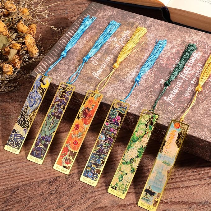 6pcs Metal Bookmarks with Tassel, Van Gogh Oil Painting Theme Vintage Bookmarks, Book Lover Gifts for Women, Golden Hollow Bookmarks, Fancy Aesthetic Bookmarks for Book Lovers, Stocking Stuffers