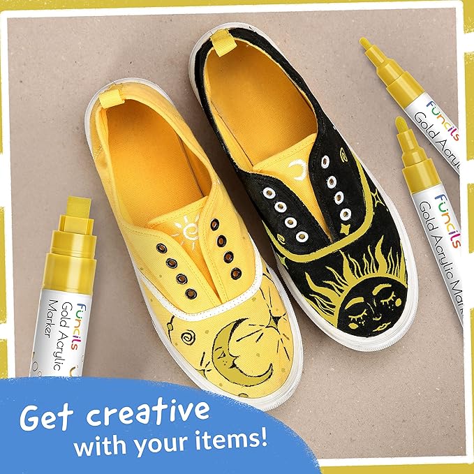 5 Acrylic Gold Paint Pen Metallic - Gold Marker Metallic Paint for Wood, Fabric, Canvas, Leaf, Tire, Metal, Glass - Permanent Pen Fine Tip, Thin Point & Jumbo (1mm, 3mm, 6mm, 10mm, 15mm)