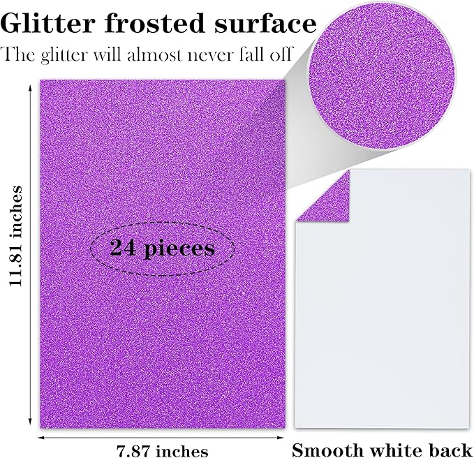 24 Sheets Purple Glitter Cardstock Paper, A4 Premium Sparkly Paper for Scrapbook, DIY Projects, Party Decoration, Gift Box Wrapping 250GSM/92lb