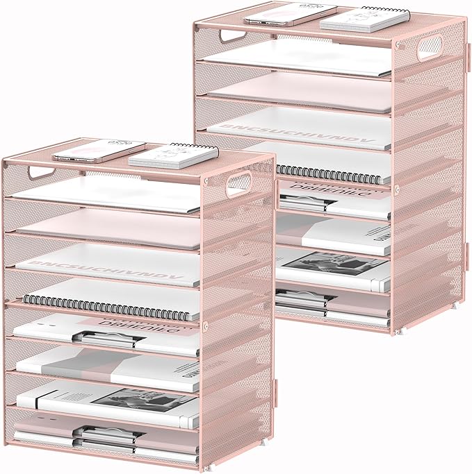 DALTACK 9-Tier Paper Letter Tray Desk Organizer with Handles, Mesh File Holder Organization, Paper Sorter Desk Organizer for Office Home School, Pink 2 Pack