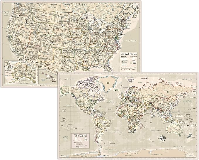 Antique Laminated World Map & US Map Poster Set - 18" x 29" - Wall Chart Maps of the World & United States - Made in the USA - (LAMINATED, 18" x 29")